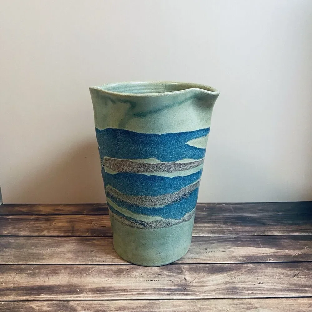 Vintage Handmade Stoneware Vase Or Pitcher With Seascape Design Patterns